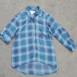 Band of Gypsies sheer plaid roll tab button up shirt green blue gray XS